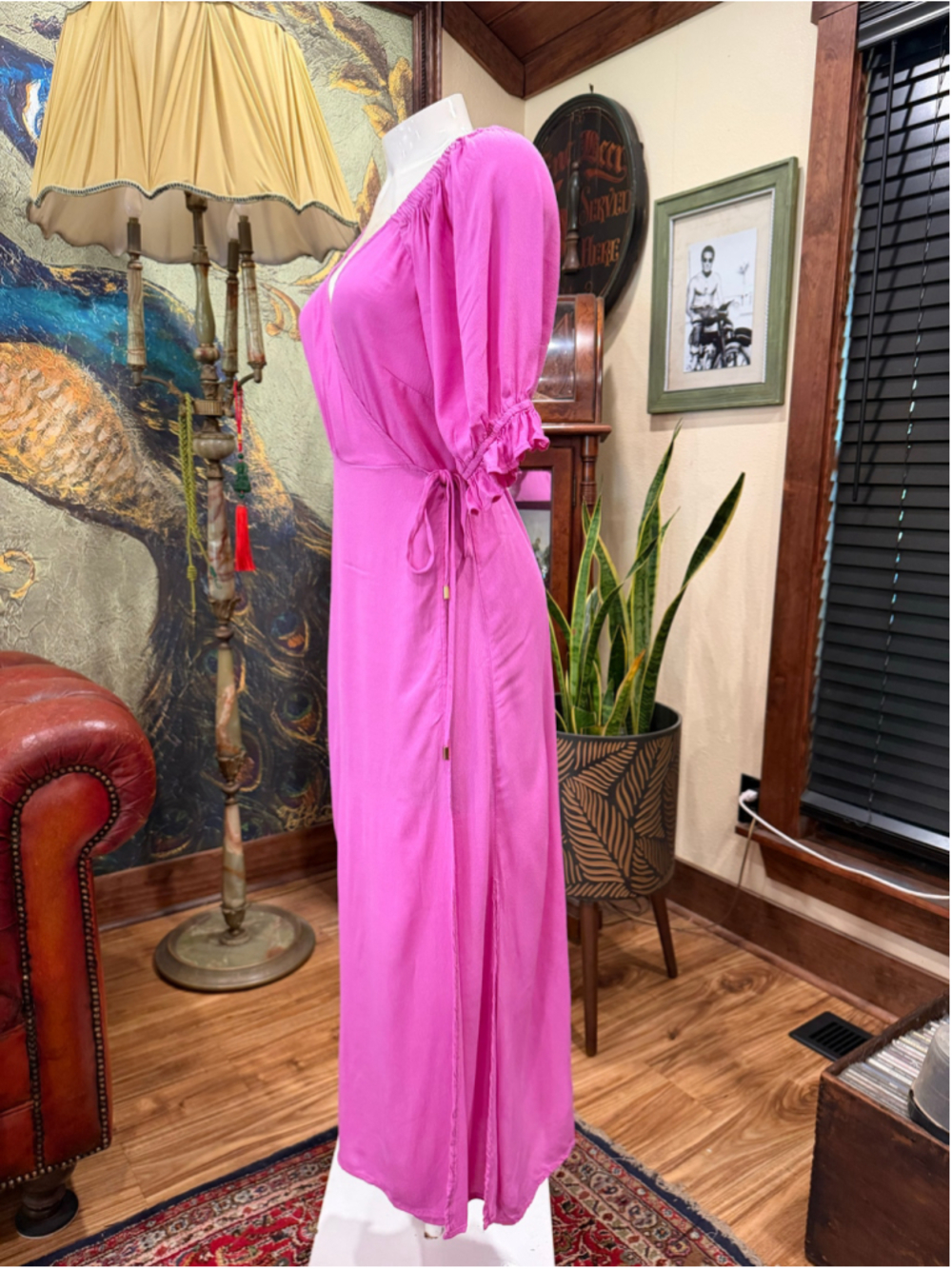 OLIVACEOUS Pink Wrap Maxi Dress Sz L Puff Sleeve Side Slit Cottagecore Boho Summ - Picture 4 of 12